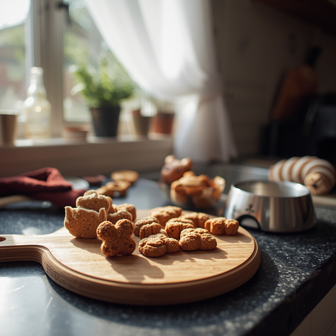 Healthy dog treats on a wooden cutting board in a home kitchen
