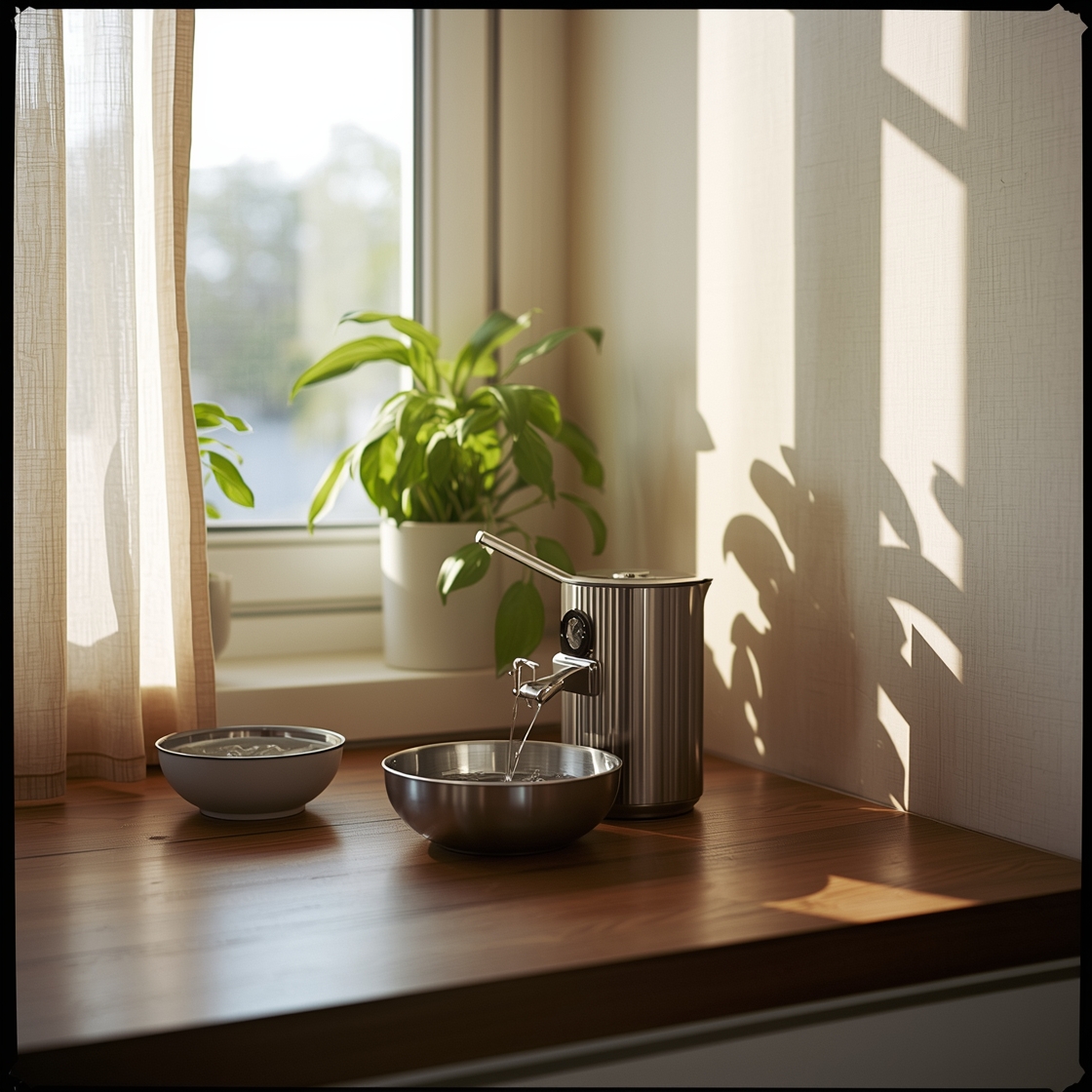 stainless steel cat water fountain on kitchen countertop
