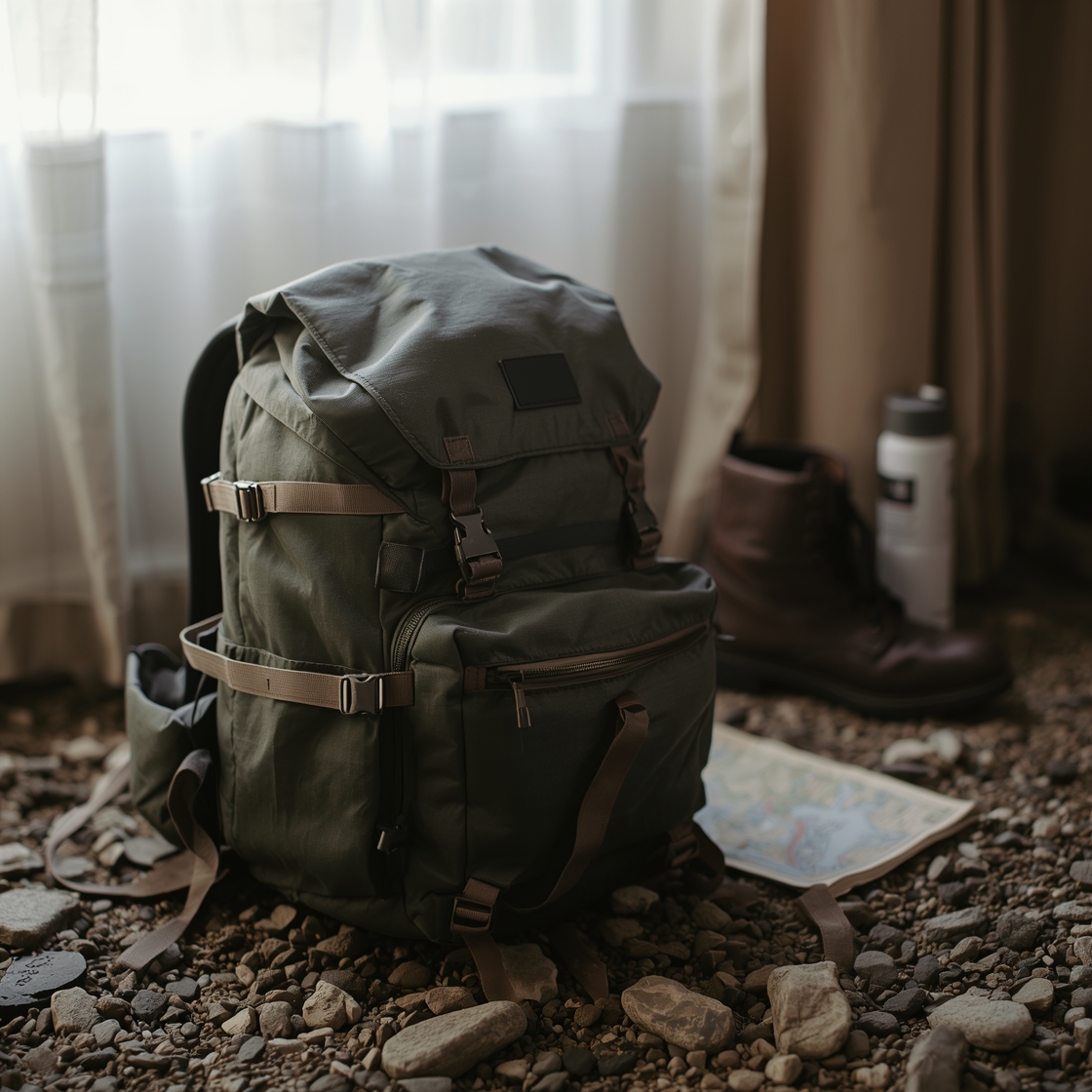 Dog travel backpack on hiking trail beside leather boot