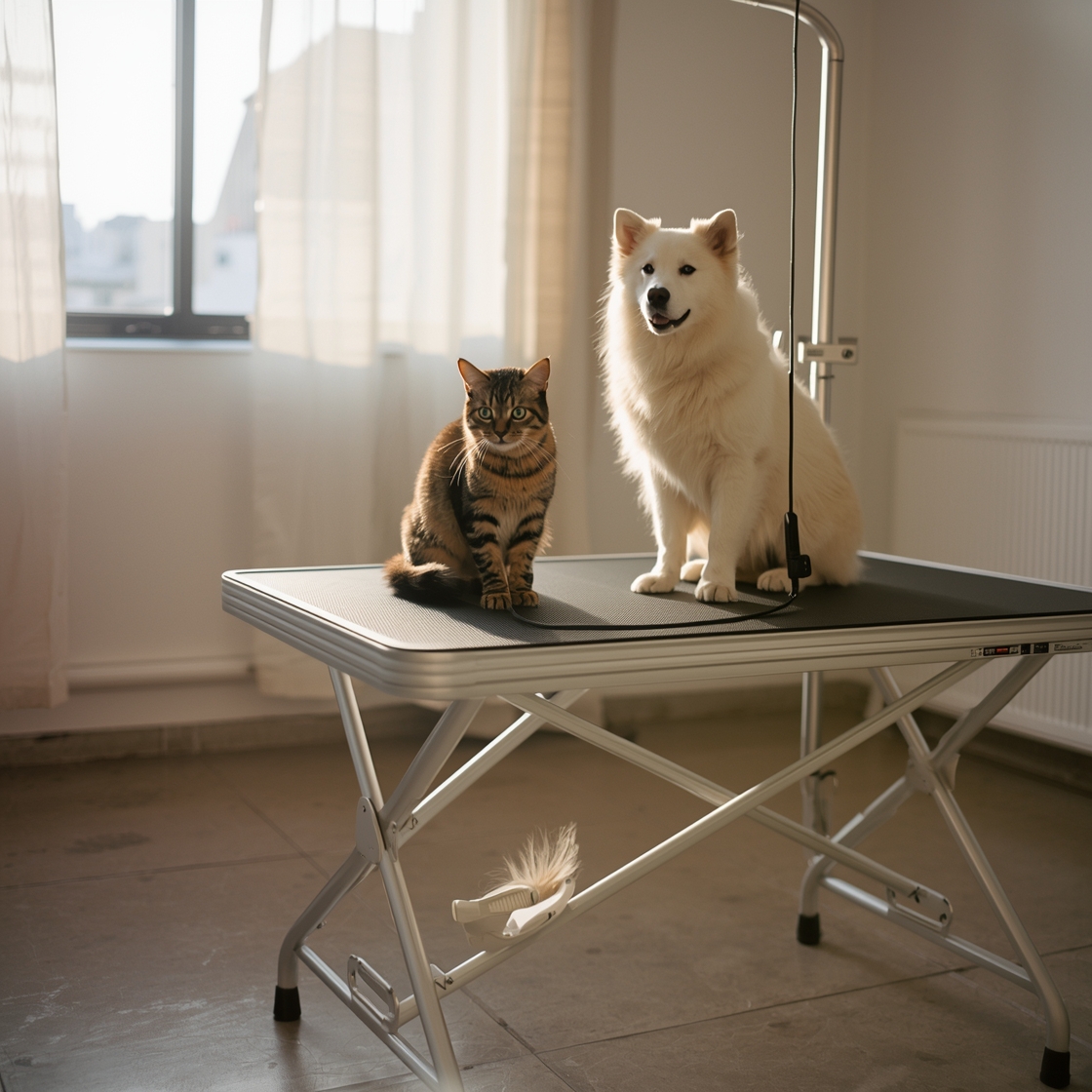 portable pet grooming table with cat and dog