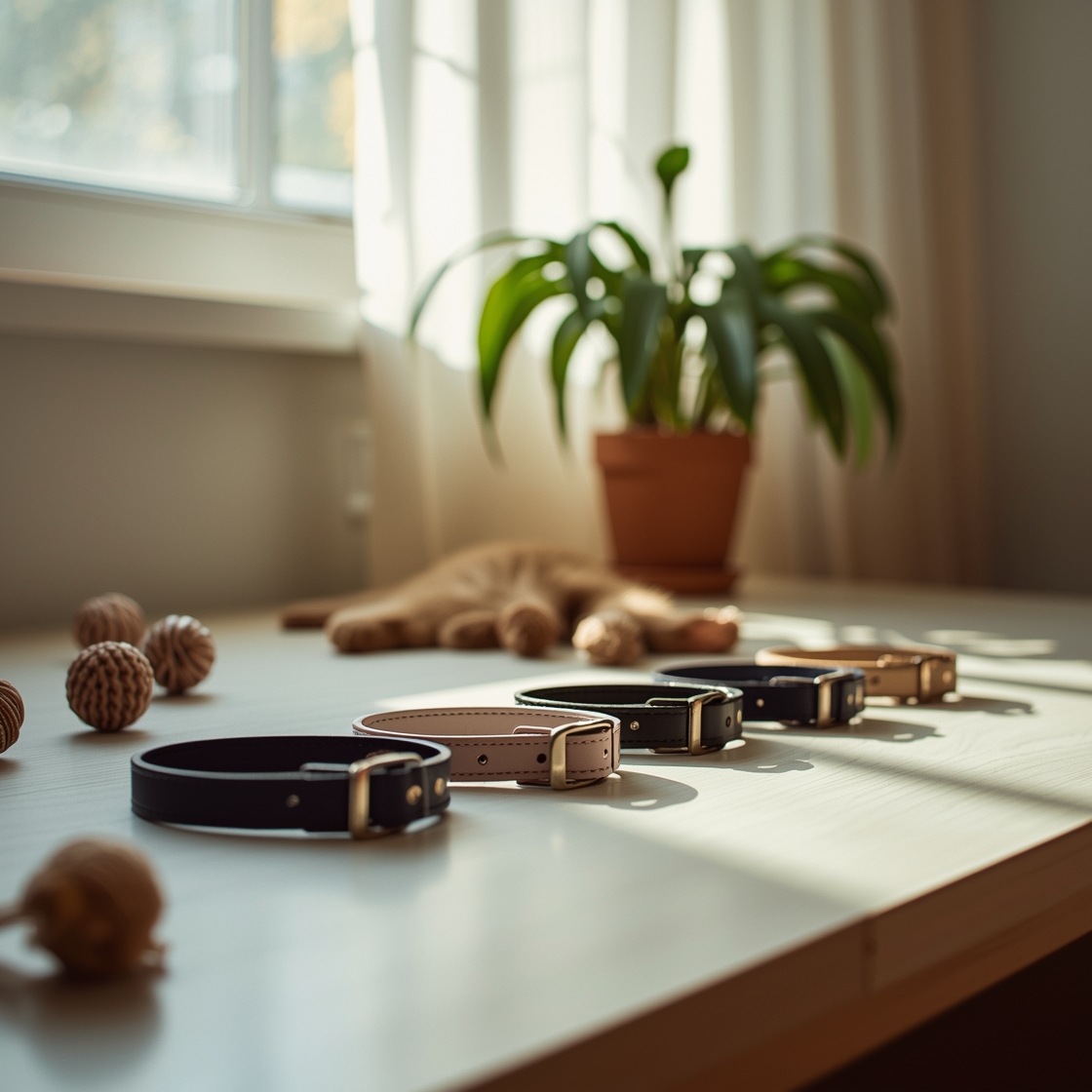 Assorted cat calming collars on a wooden desk