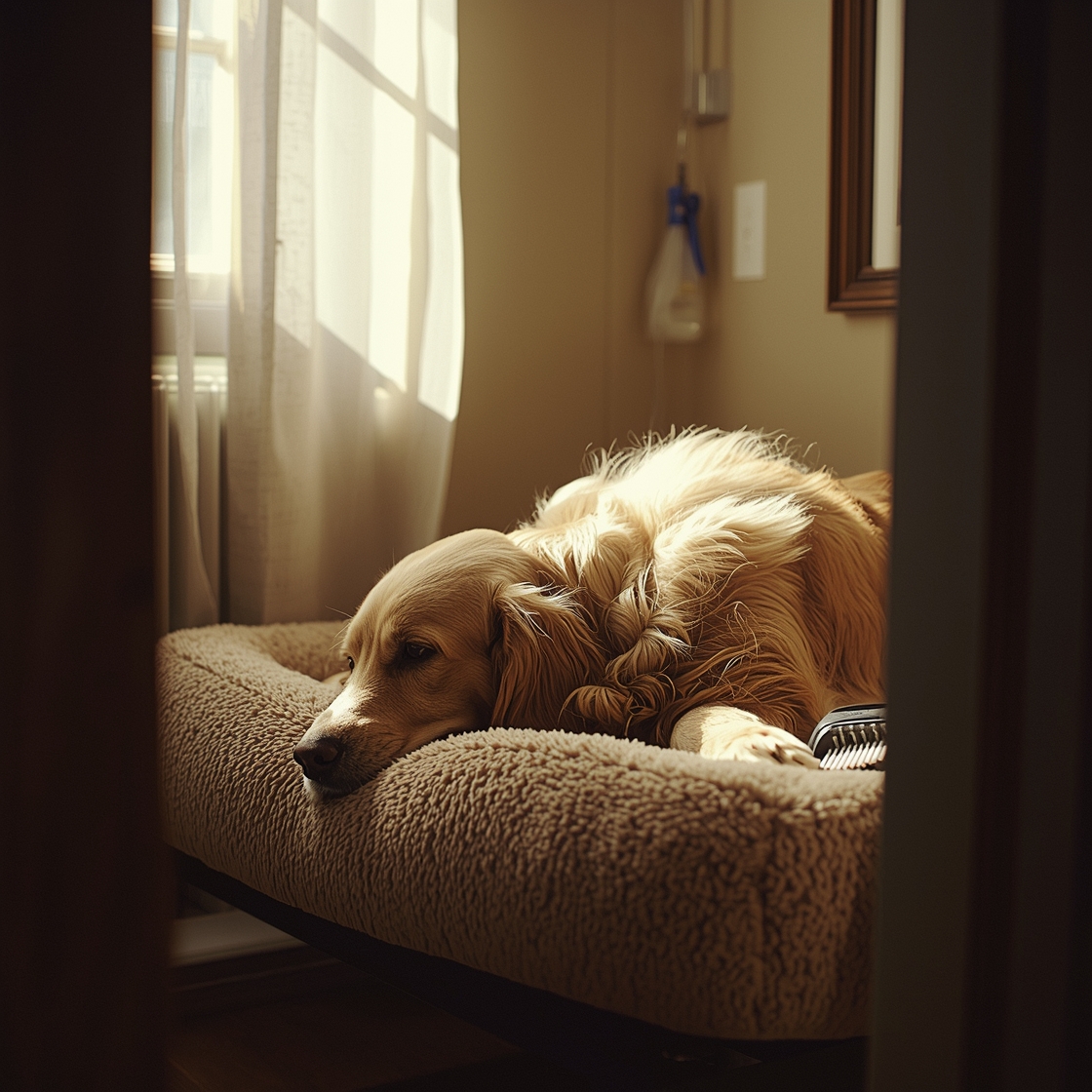 A senior golden retriever being groomed at home calmly