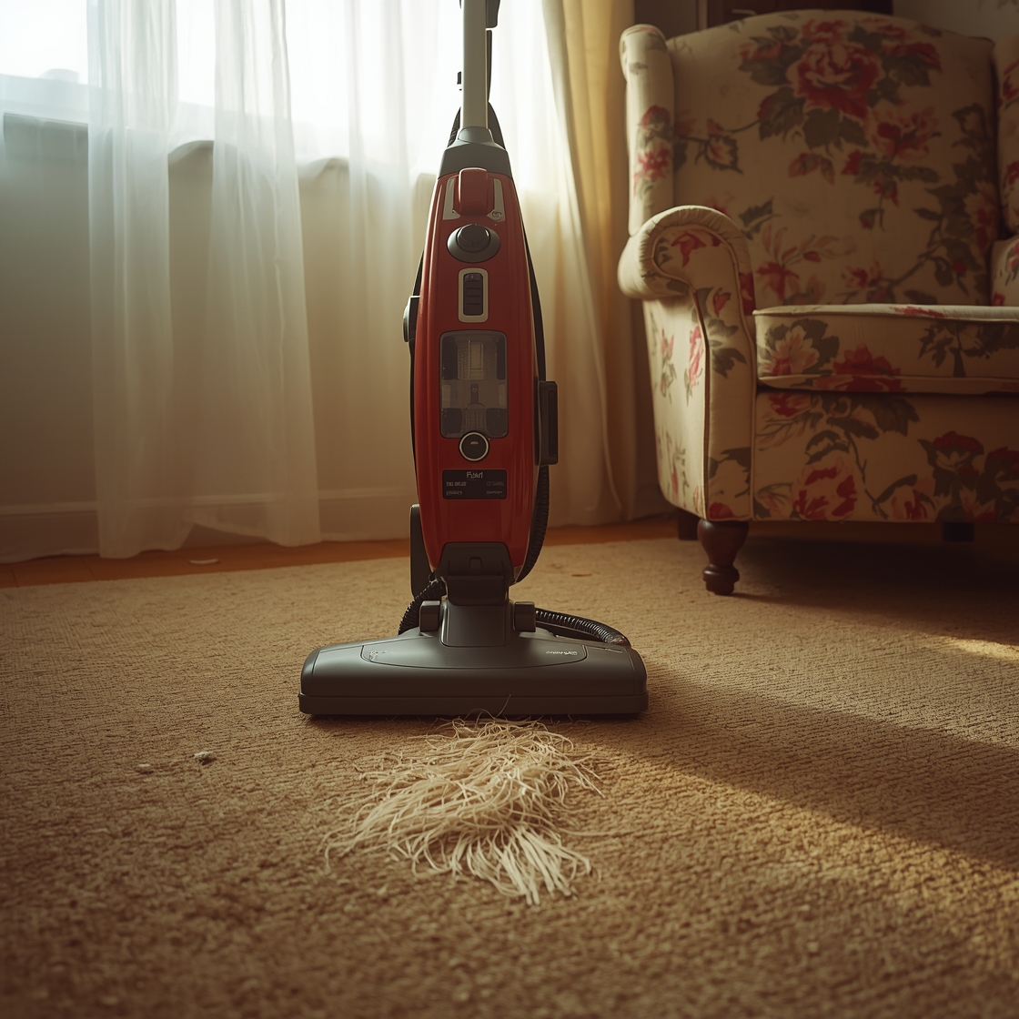 Upright vacuum cleaner on pet hair-covered carpet beside armchair