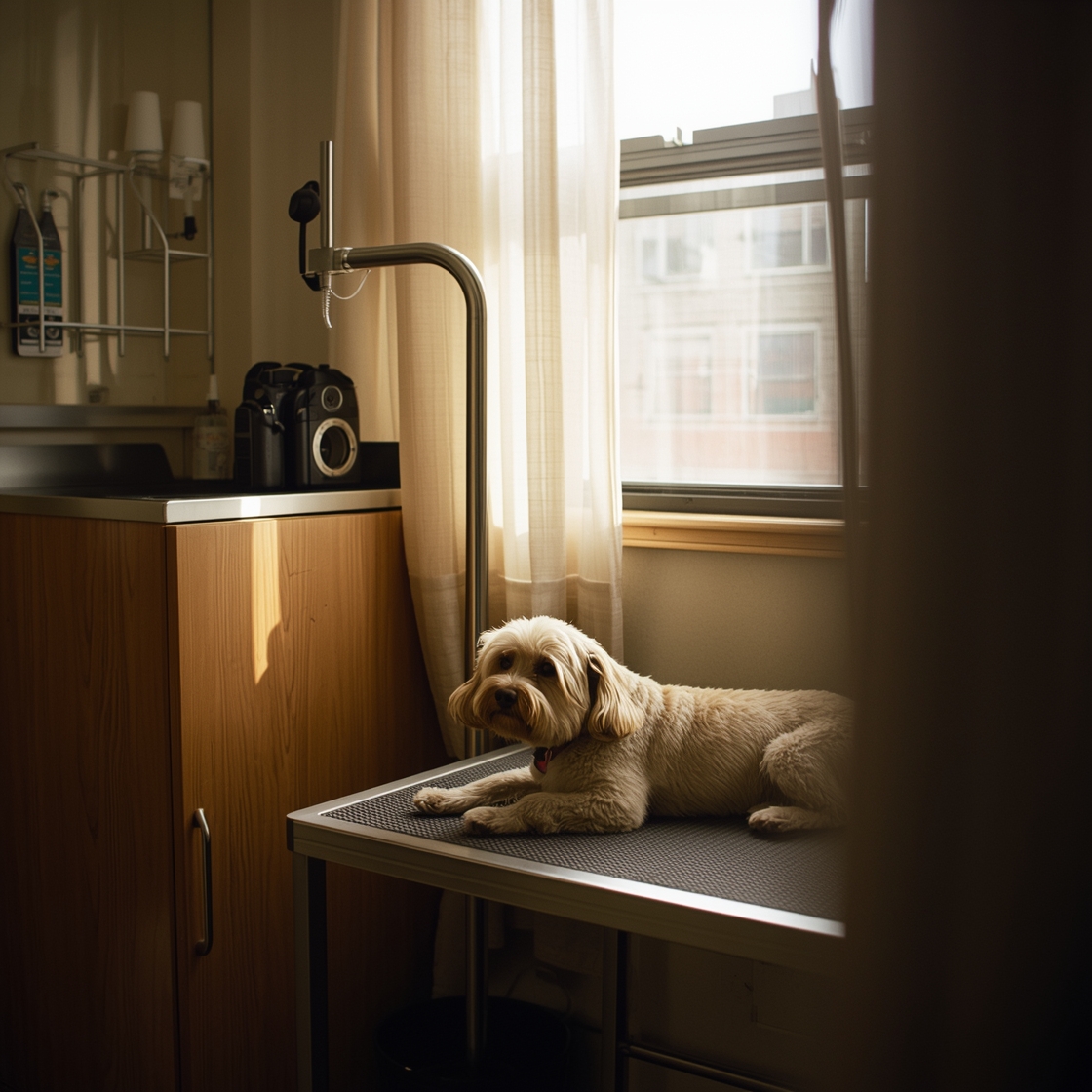 Dog grooming station with tools and comfortable dog lying down