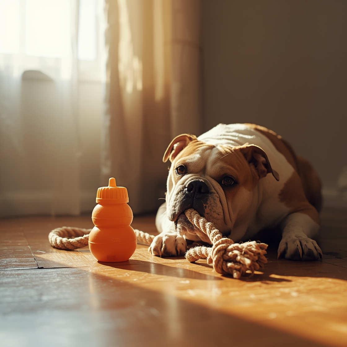 A bulldog and dog chew toys on a wooden floor