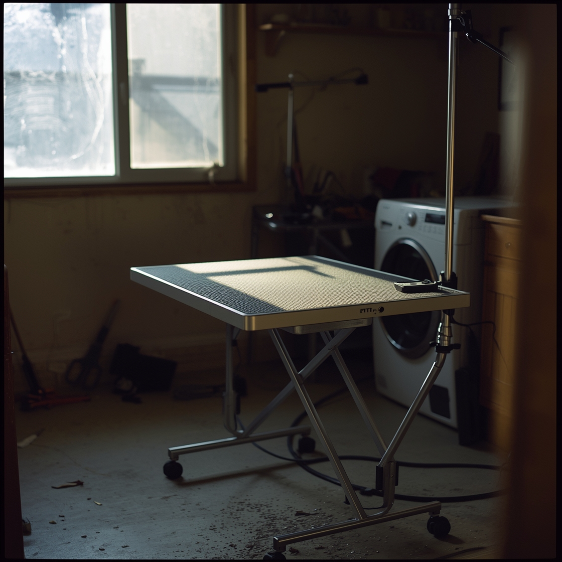 A dog grooming table in a home garage or laundry room