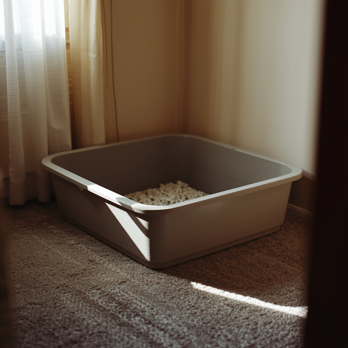 Large cat litter box in a quiet home corner
