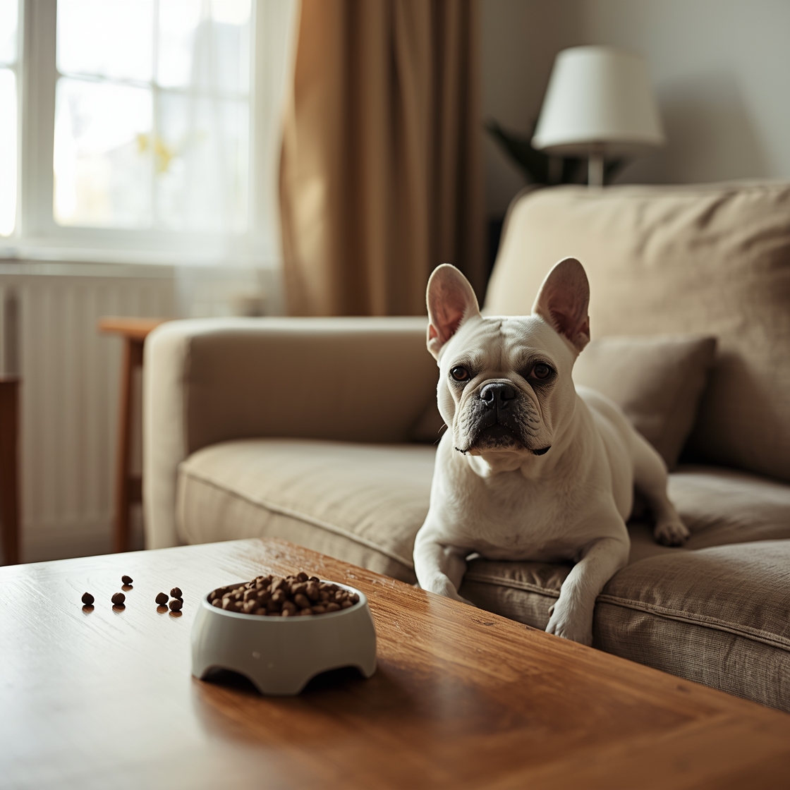 A French Bulldog sitting beside a bowl of dog food on a couch