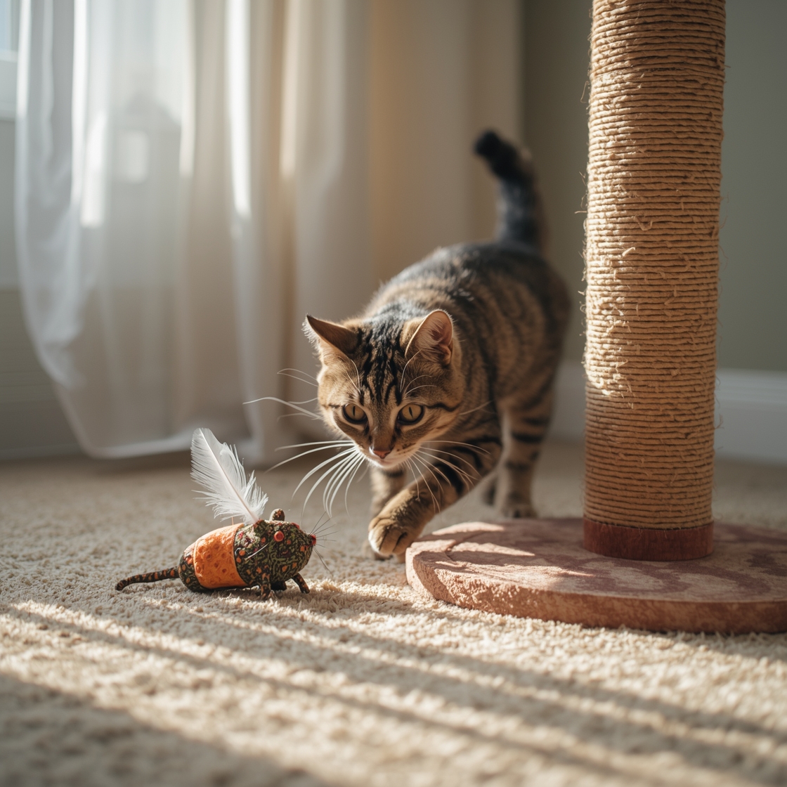 A tabby cat playing with interactive toys on a carpet