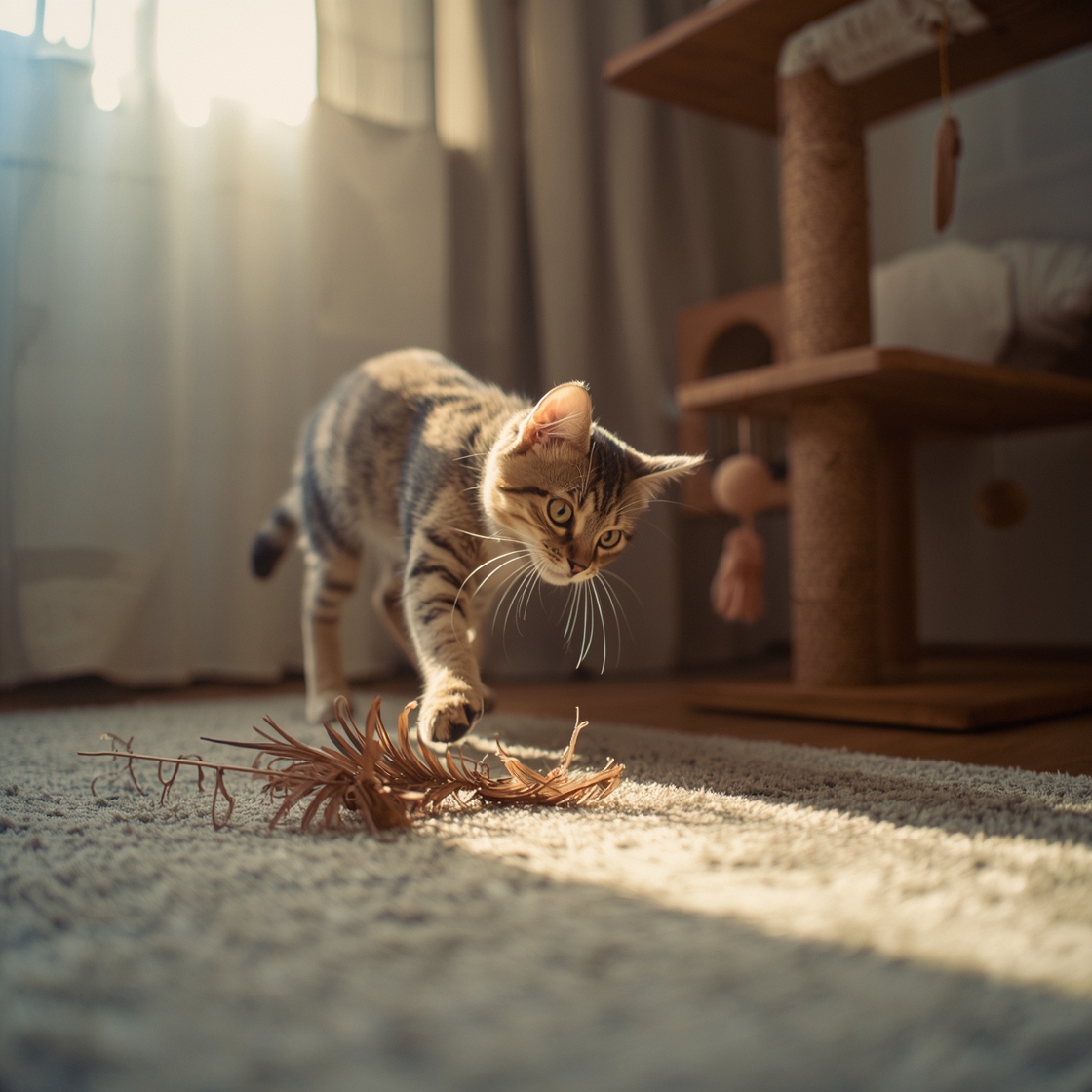 Tabby cat playing with feather teaser on a rug in home office