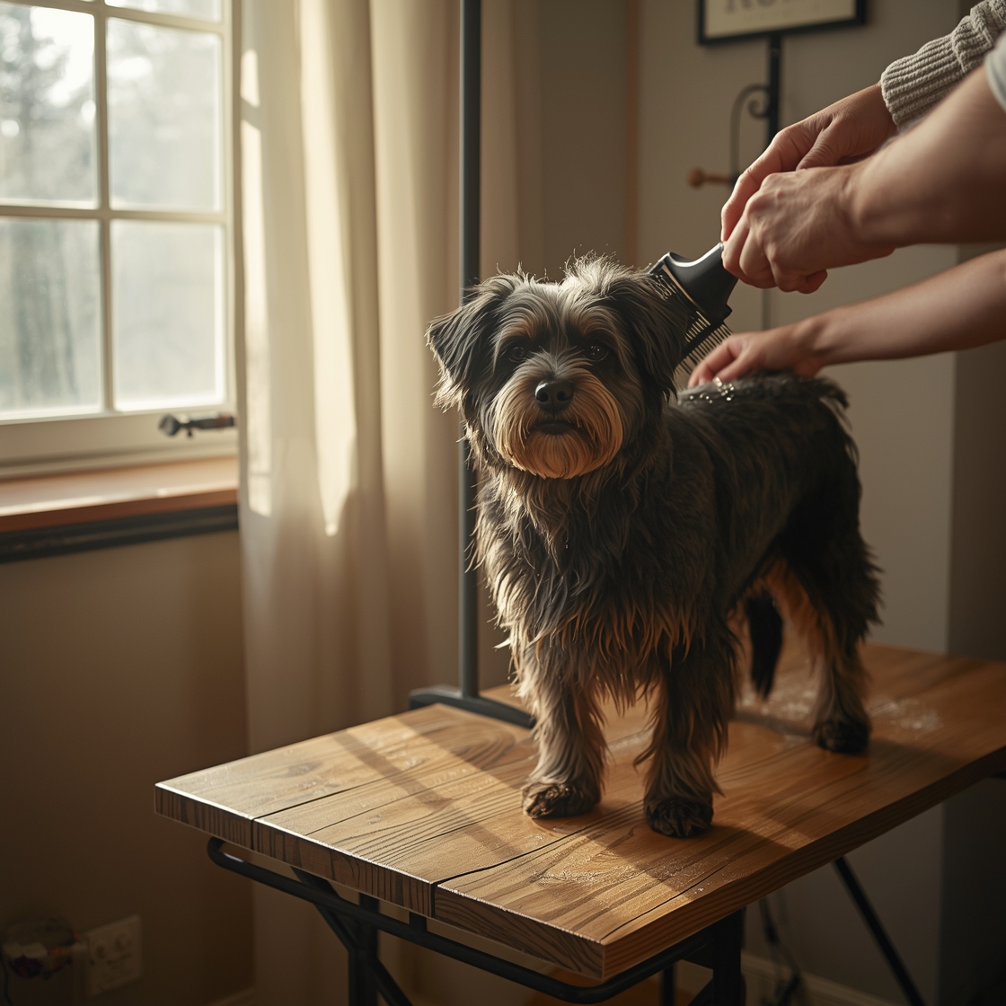 A double-coated dog being brushed with a slicker brush