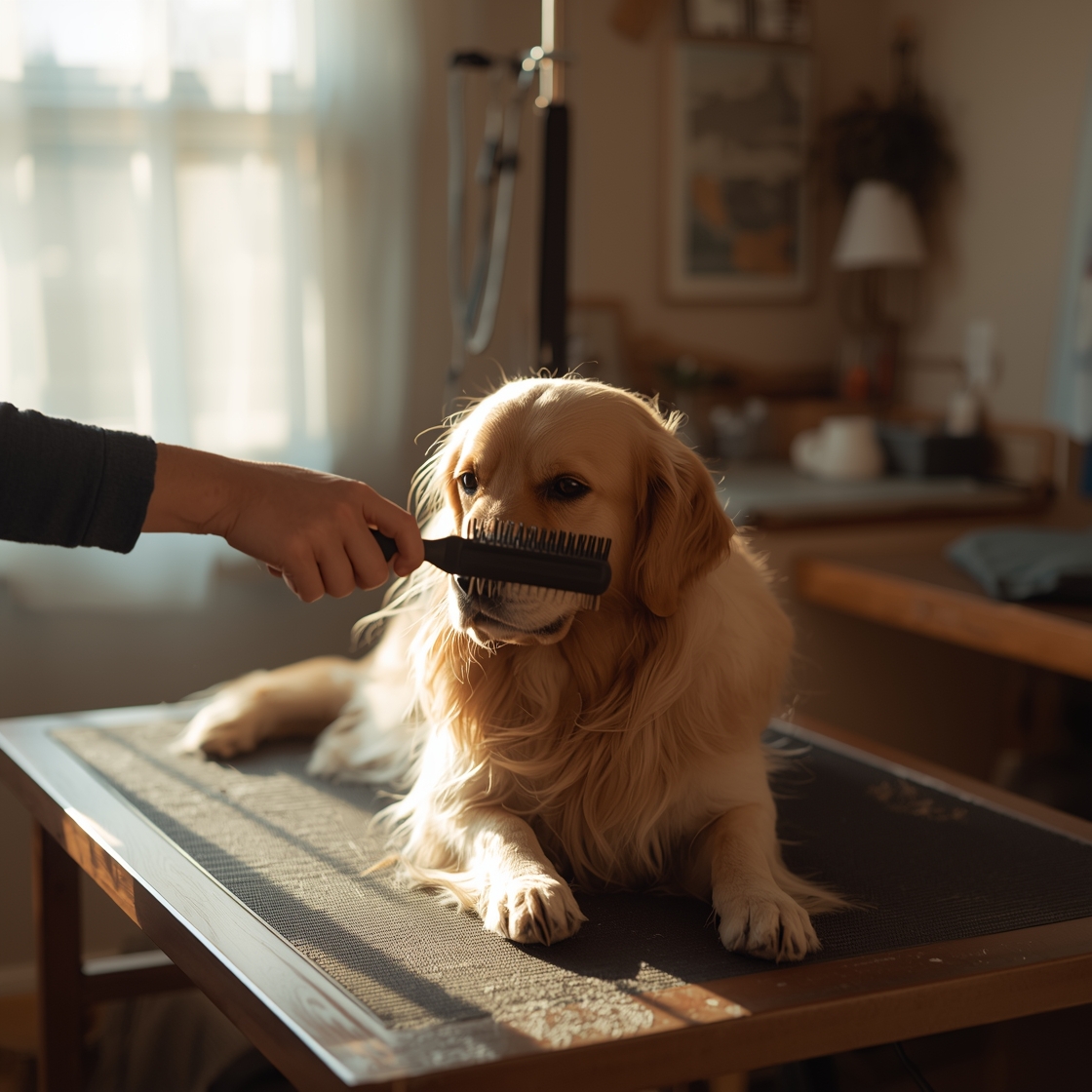 Hand brushing double-coated dog with pin brush on wooden table