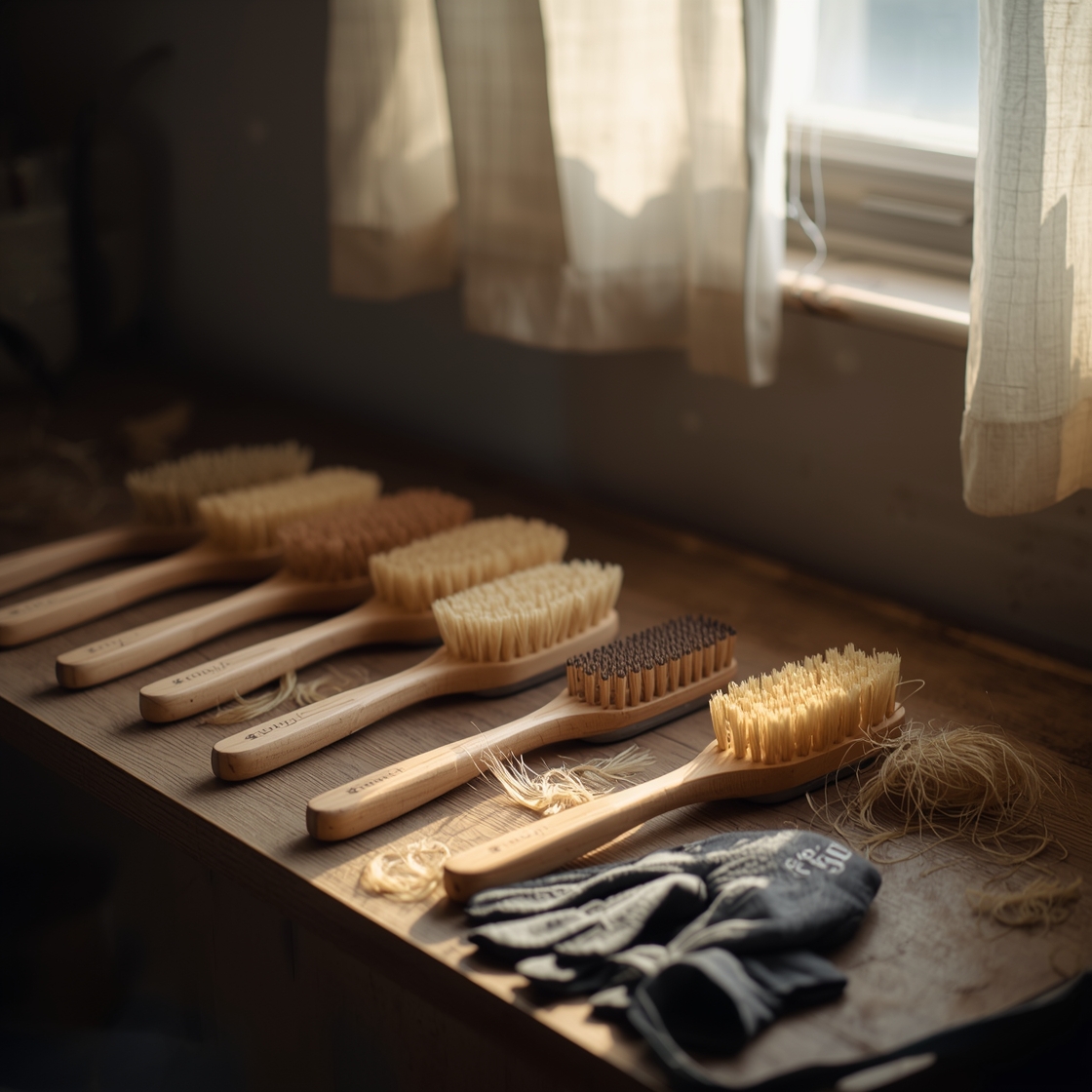 Seven dog grooming brushes on a wooden workbench for comparison