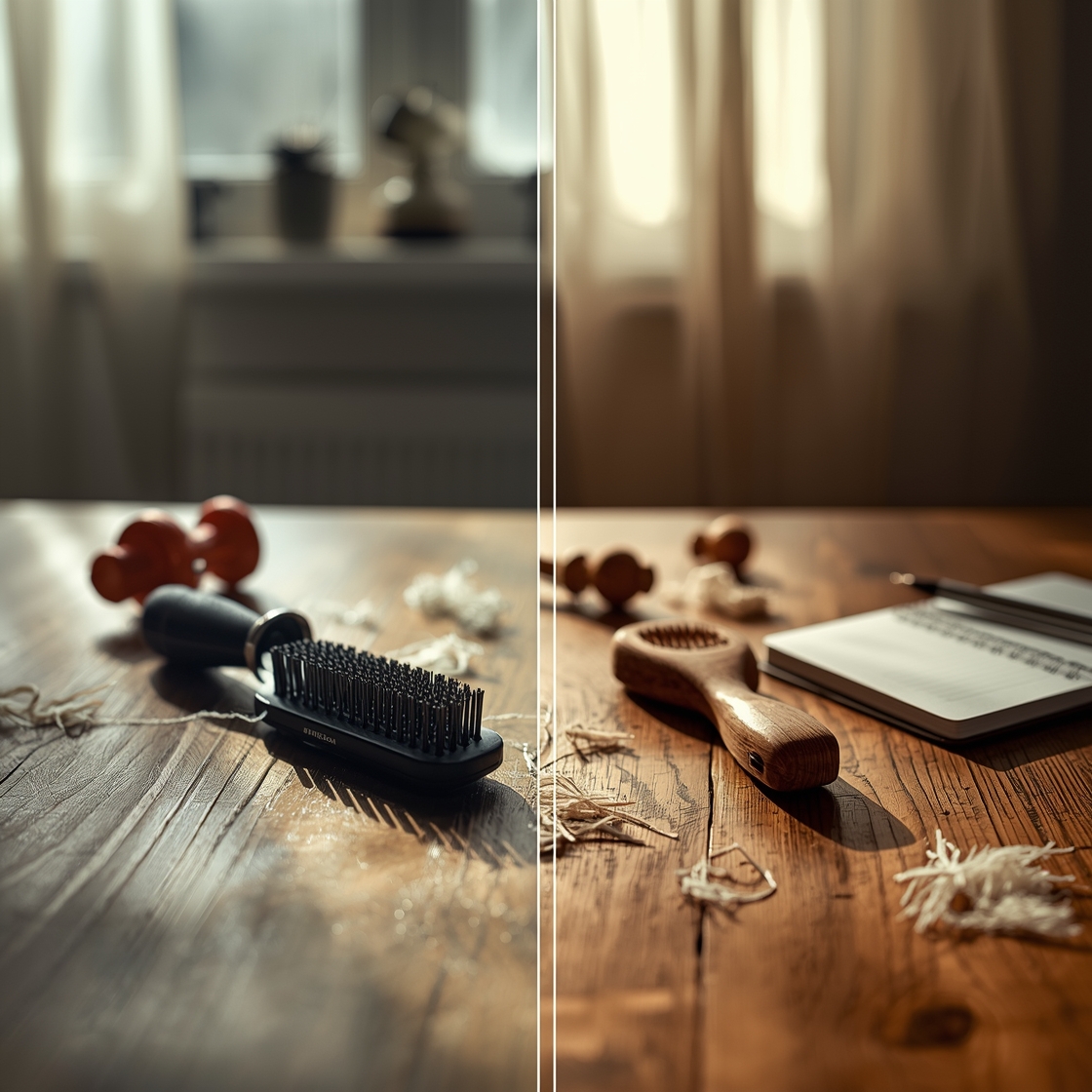 Grooming brush comparison chart on a wooden desk