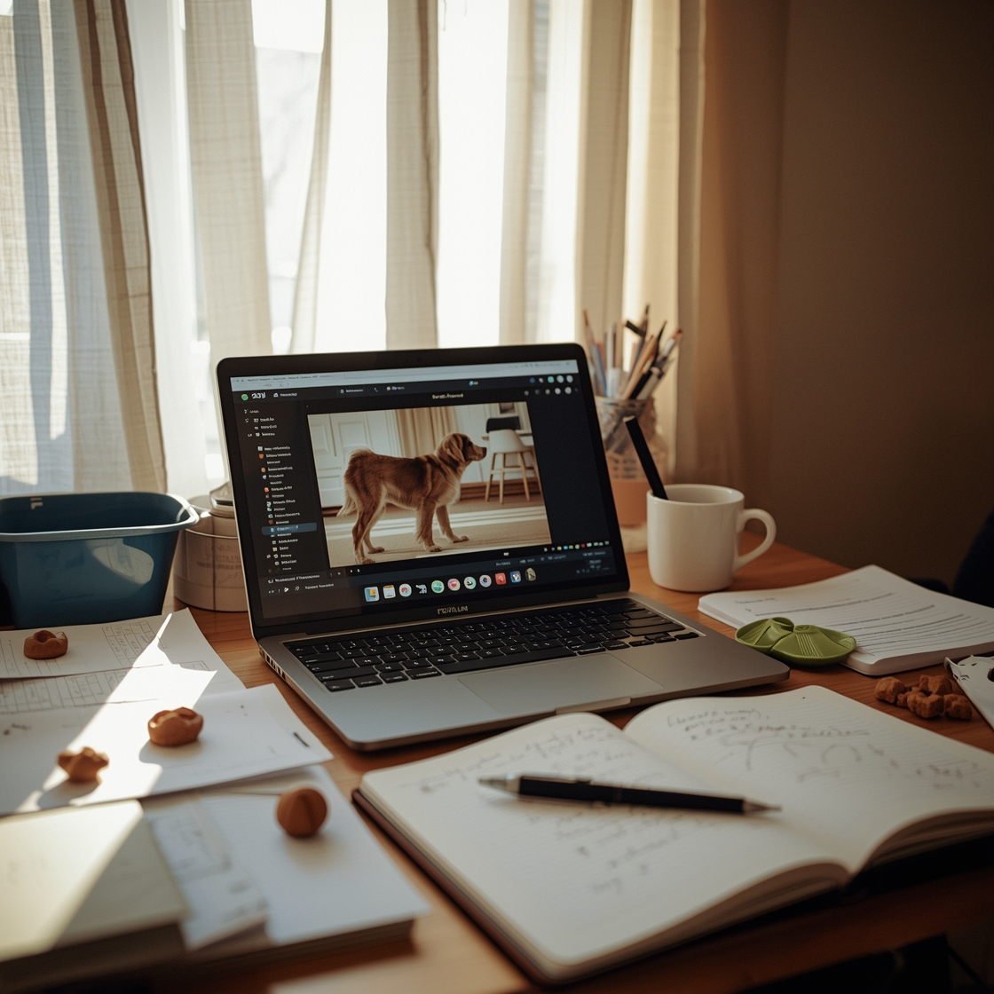 Home office desk with laptop and notes on dog ball launchers