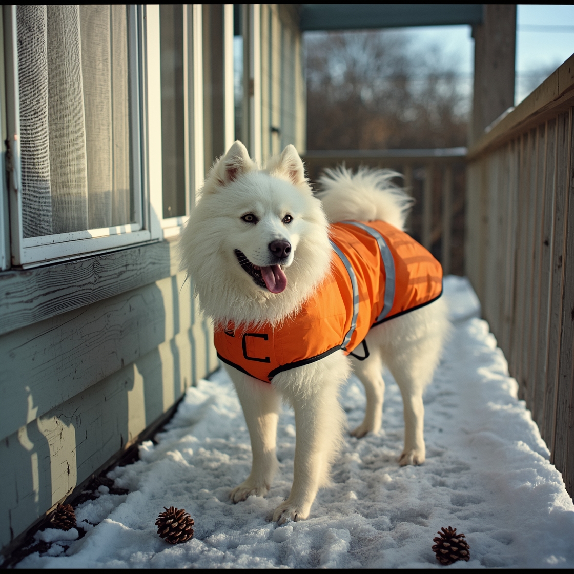 A Samoyed wearing an orange dog coat on a snowy porch