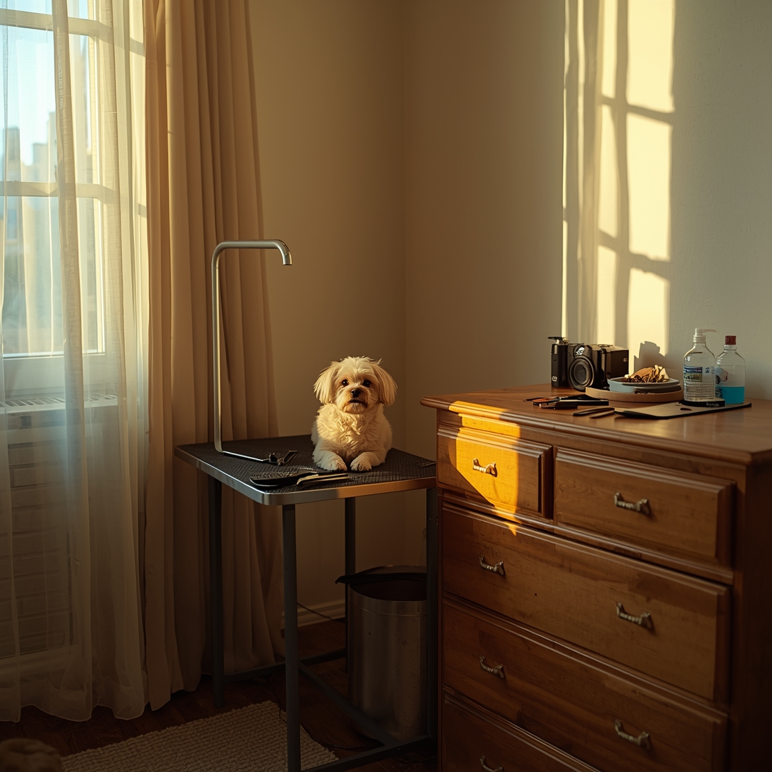 Pet grooming table with small dog in apartment corner