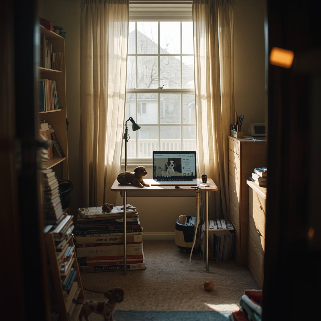 A small pet grooming table in a home office with grooming tools