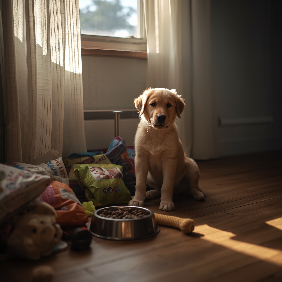 Golden retriever puppy sitting beside dog food bowl on wooden floor