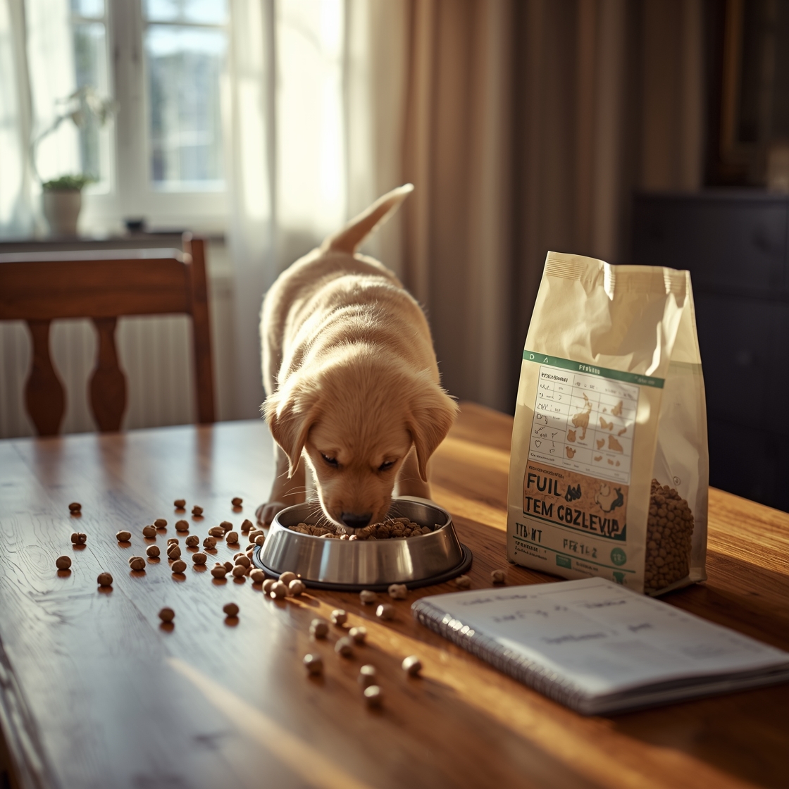 Golden retriever puppy eating kibble from stainless steel bowl