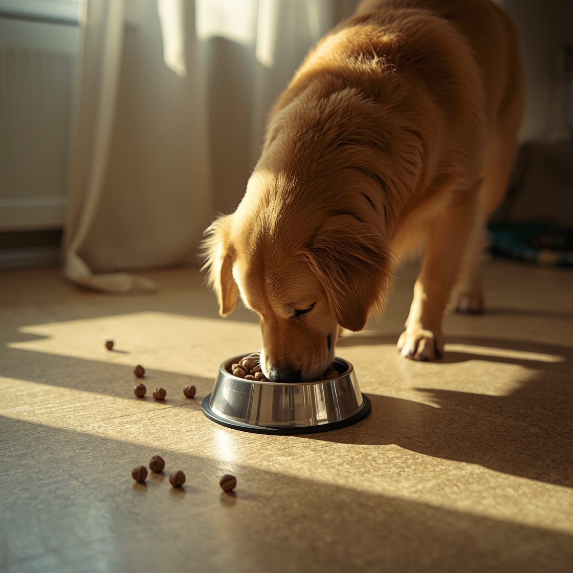 Golden retriever eating from stainless steel food bowl on kitchen floor