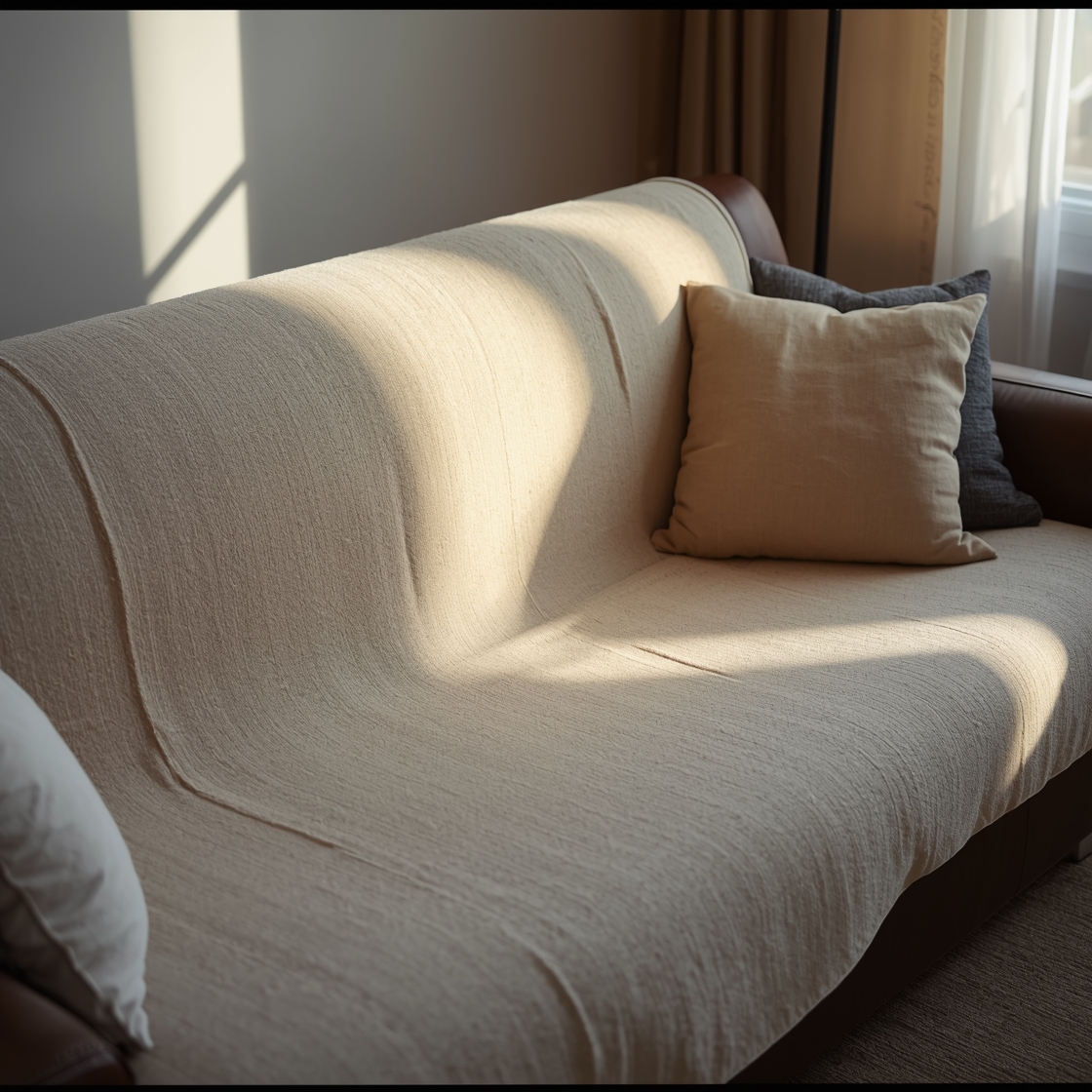 Pet couch cover on leather sofa in cozy living room