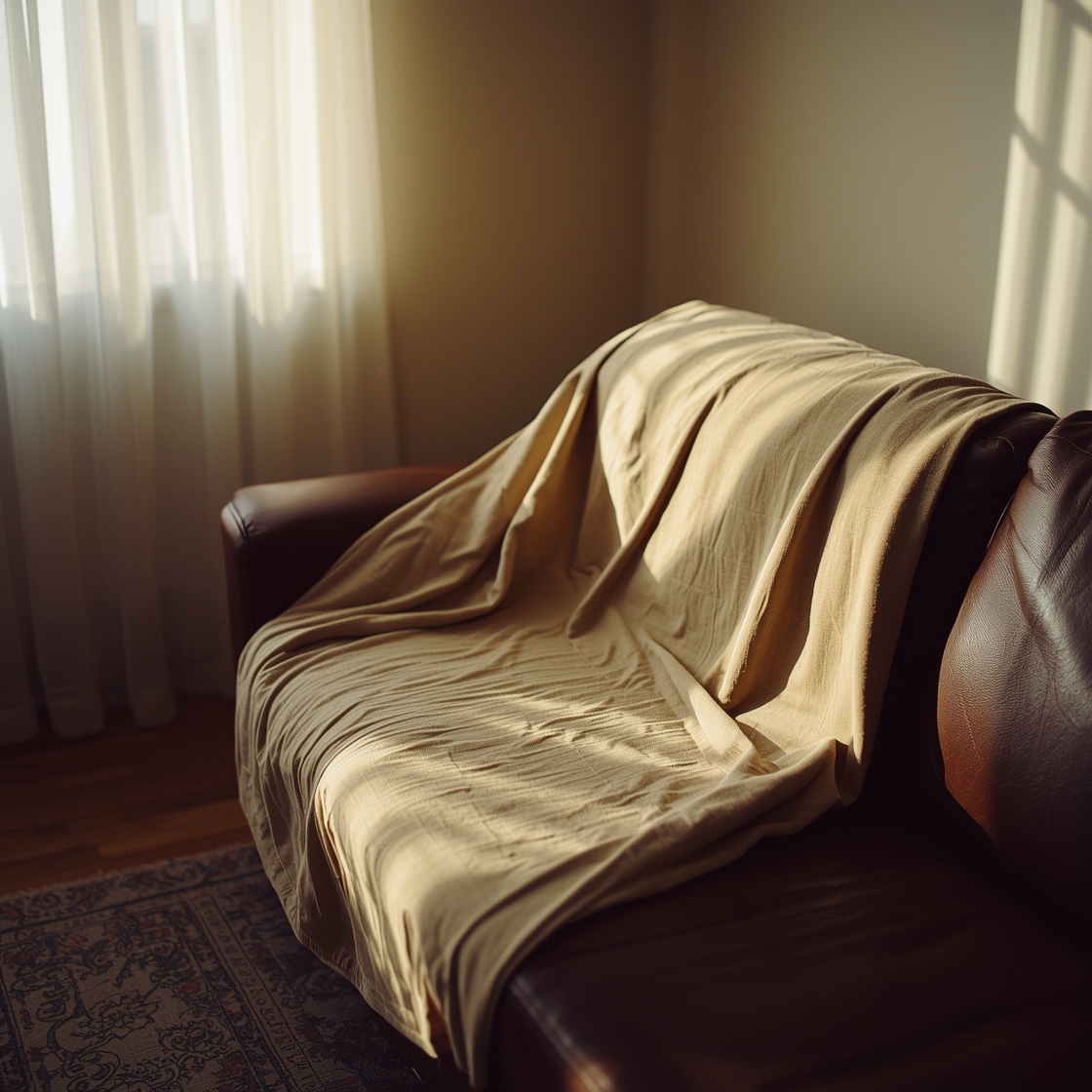 Pet couch cover on leather sofa in cozy living room