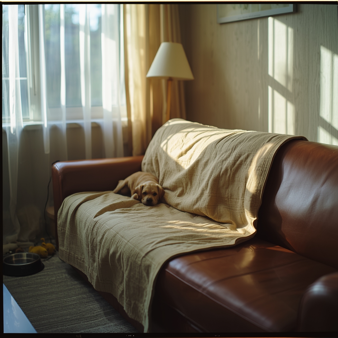 Pet couch cover on leather sofa in cozy living room
