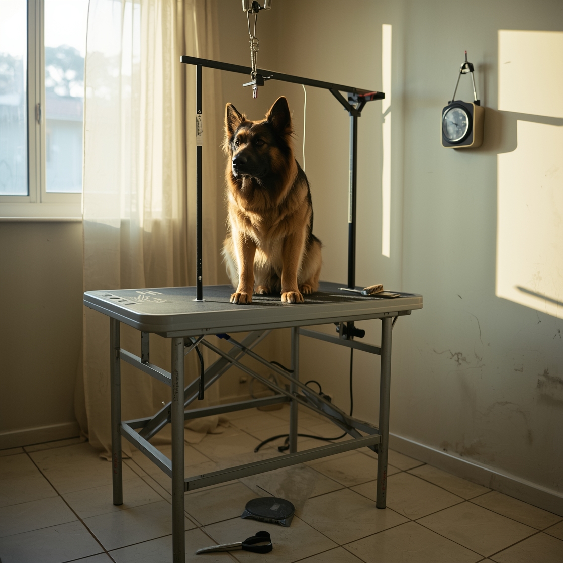 Large dog on sturdy grooming table surrounded by grooming tools