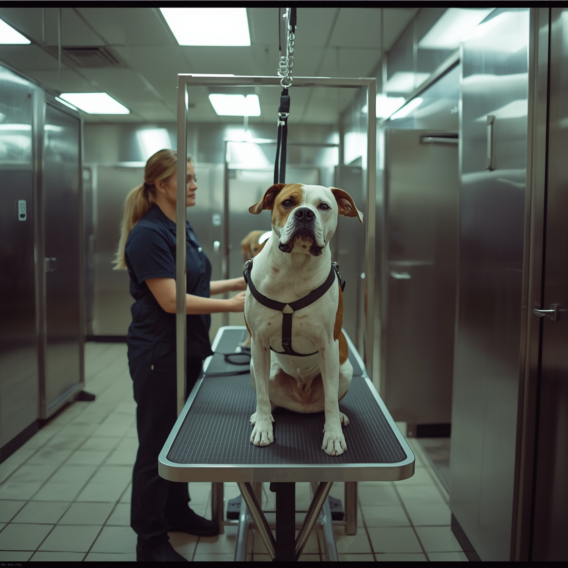 Pet groomer with large breed dog on grooming table in salon