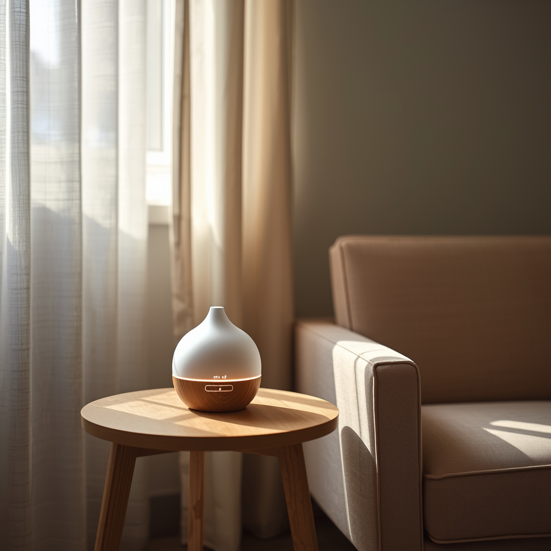 A cat calming diffuser on a wooden side table beside an armchair
