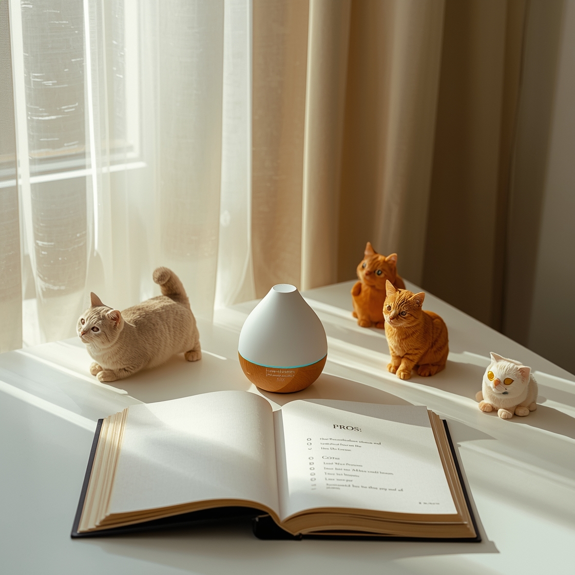 A cat calming diffuser on a table with pros and cons list