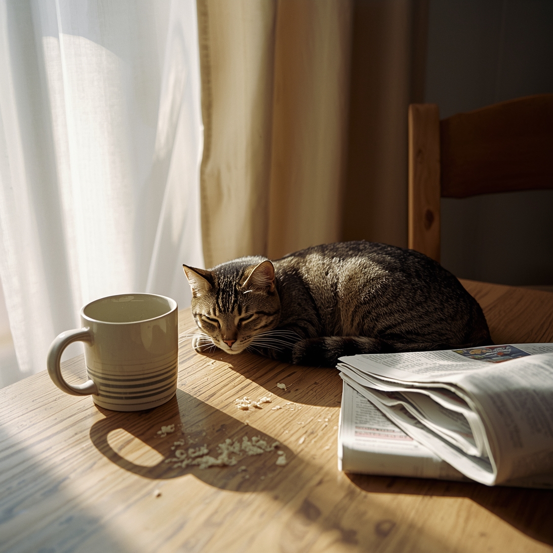 tabby cat on rustic oak table with morning sunlight