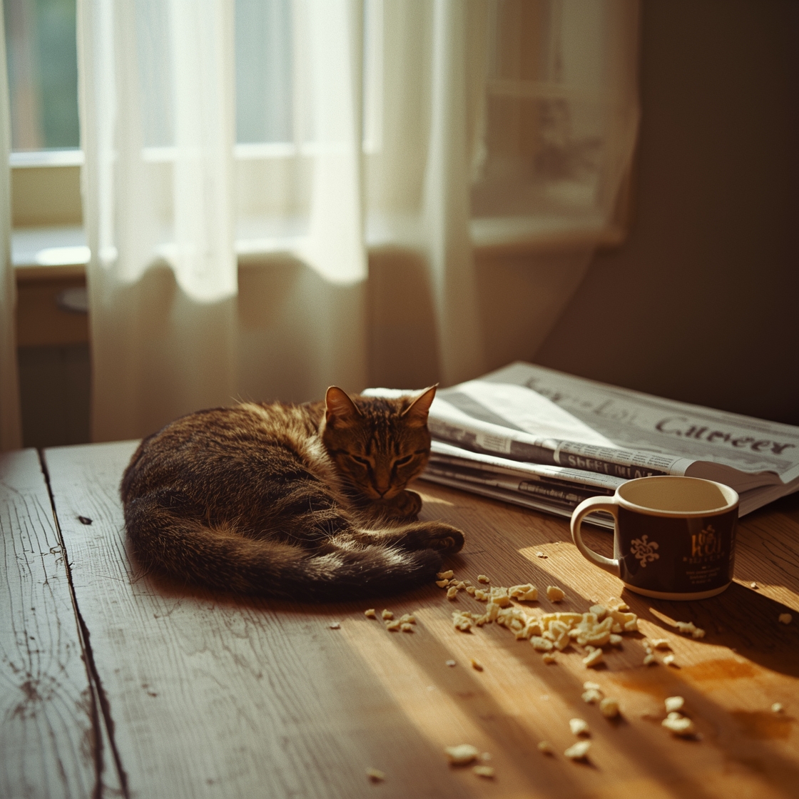 Tabby cat on oak table with feeding chart notebook