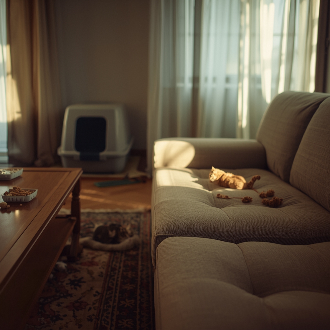 A cluttered living room with pet toys and litter box