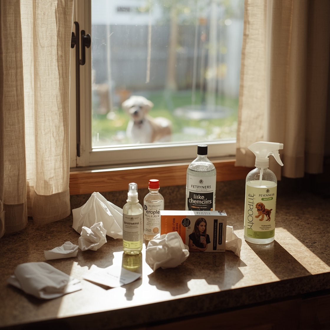 Enzymatic cleaners for pet odor removal on a cluttered countertop