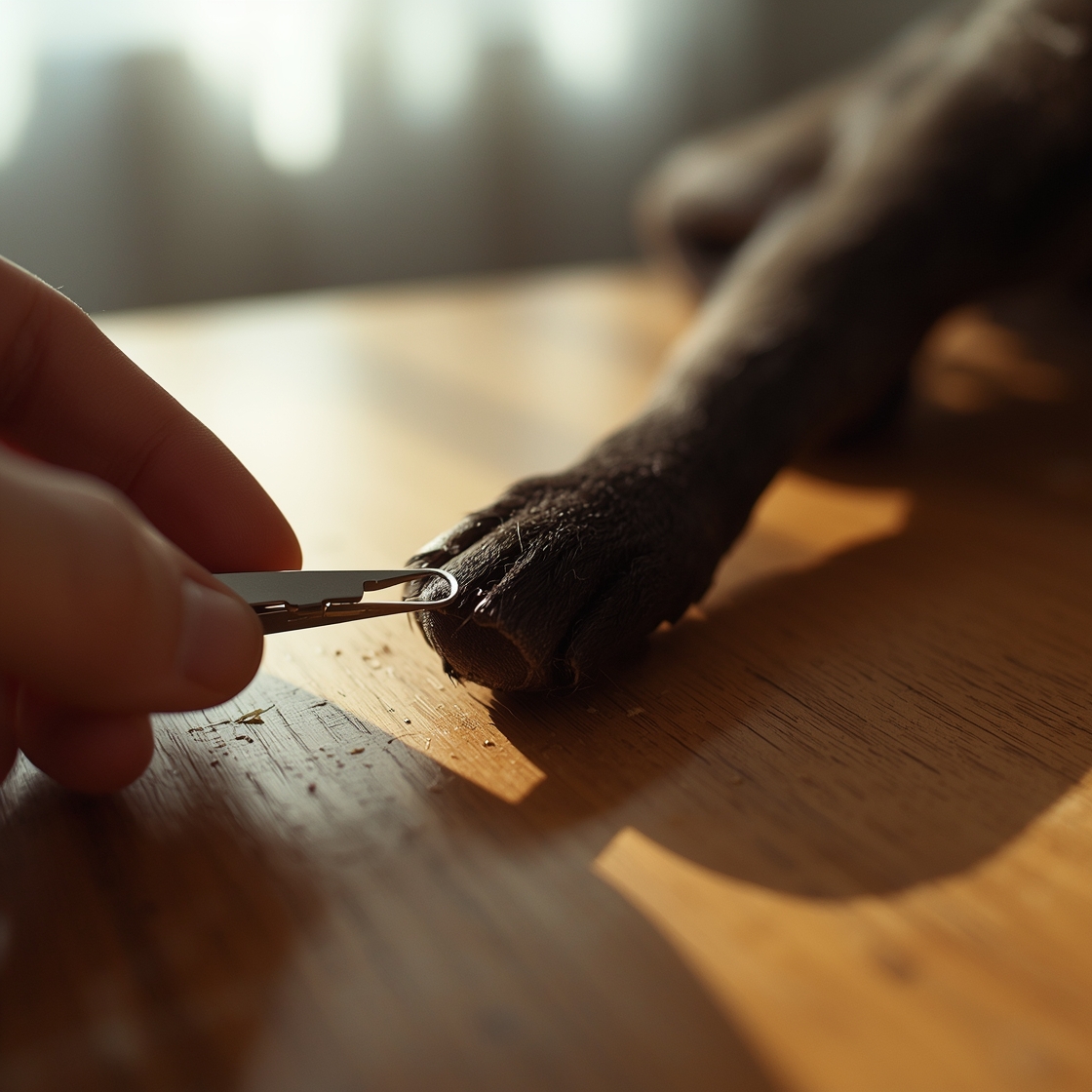 Close-up of dog's black nail being trimmed with care