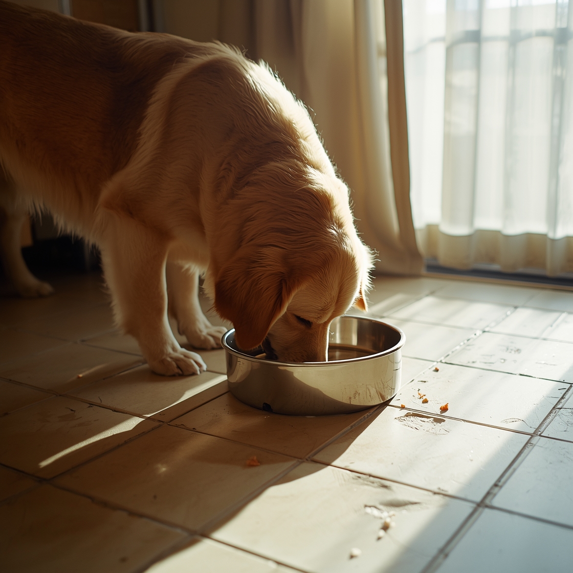 Large golden retriever drinking from stainless steel dog fountain