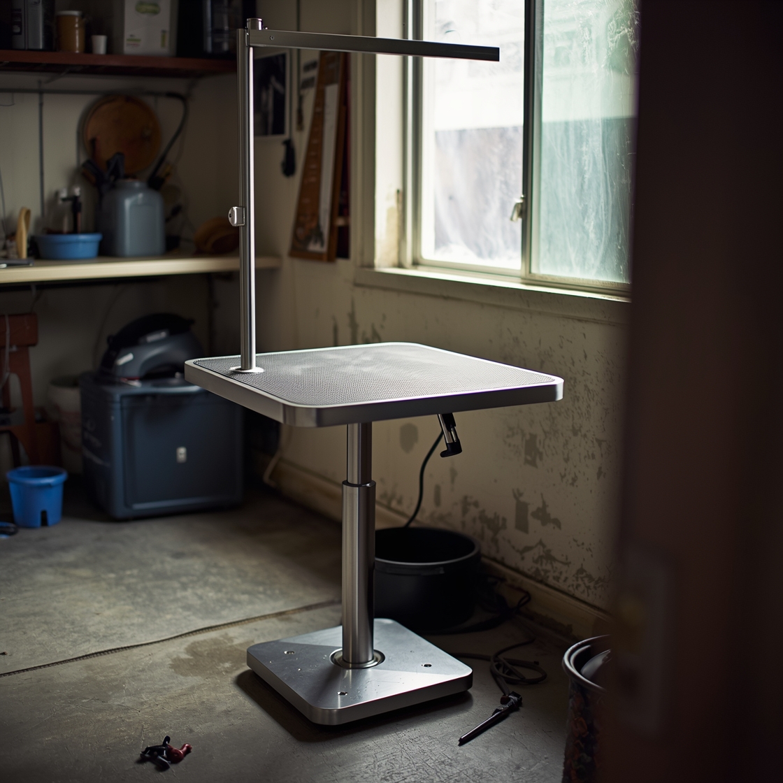 Stainless steel dog grooming table in a home garage