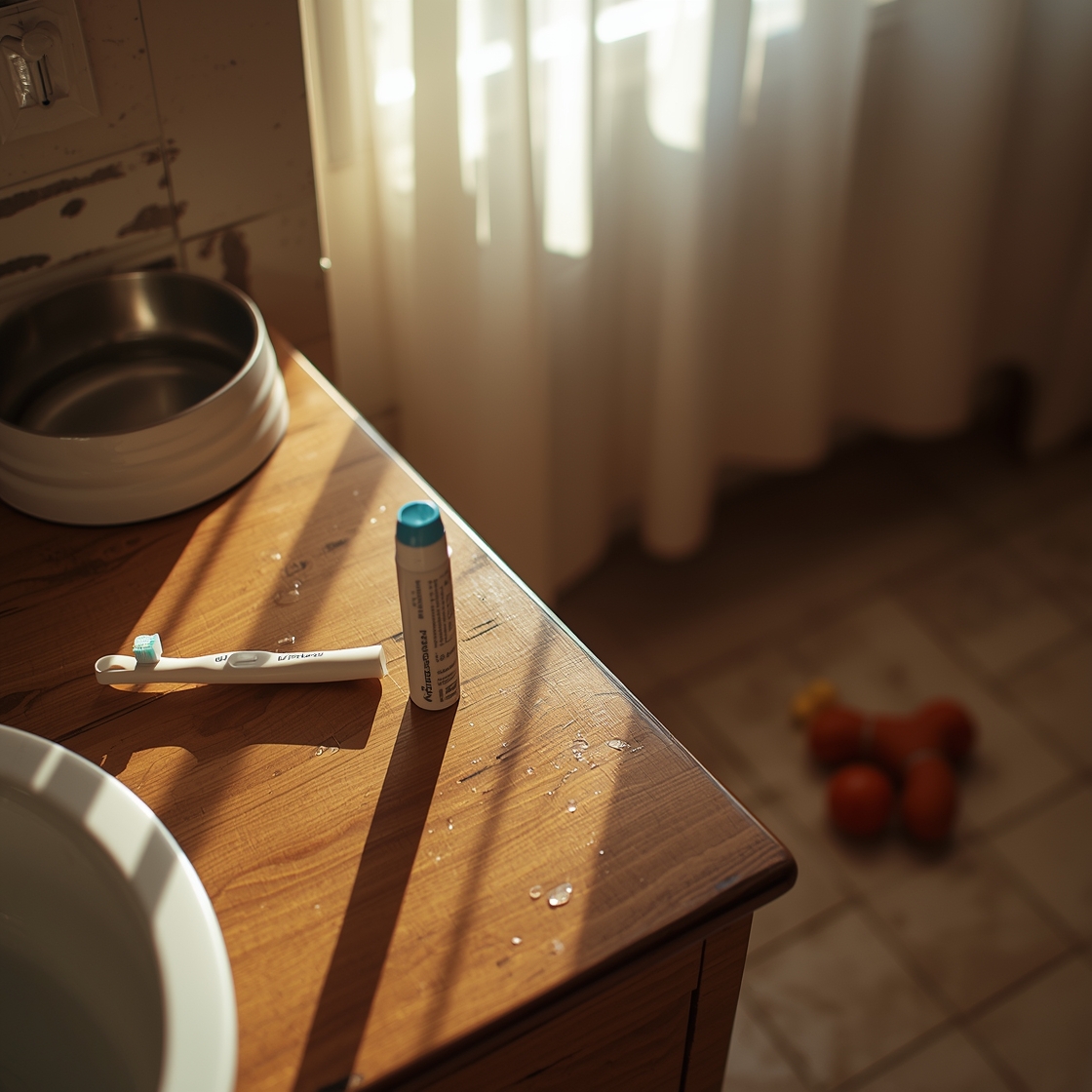 Dog toothbrush and toothpaste kit on bathroom counter