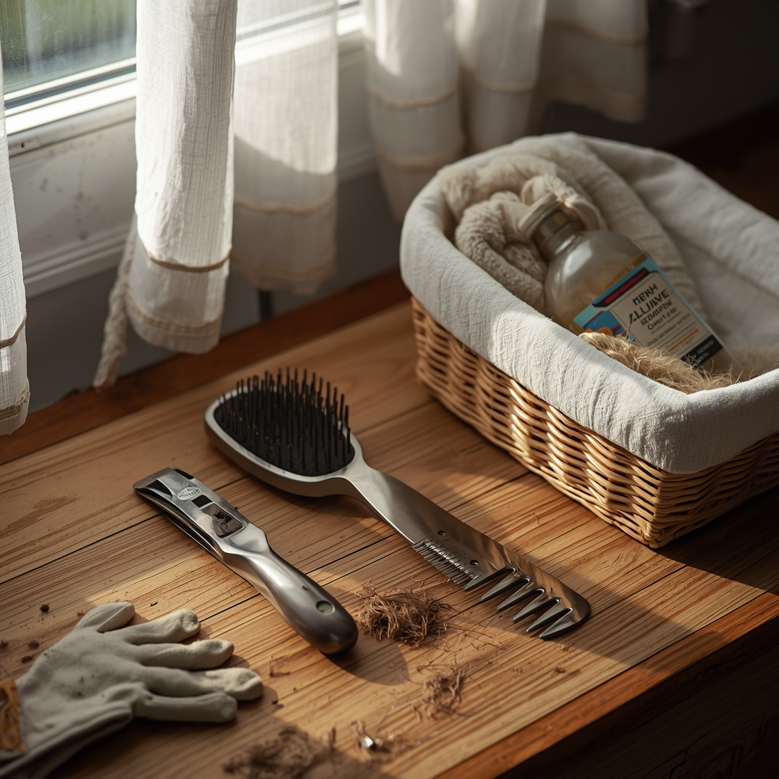 Pet grooming tools on a wooden workbench for article about best pet grooming tools under $50