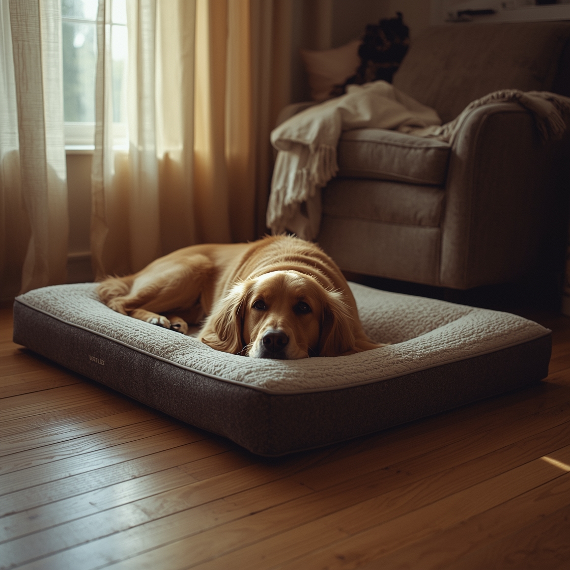 Senior golden retriever on orthopedic dog bed with hardwood floor