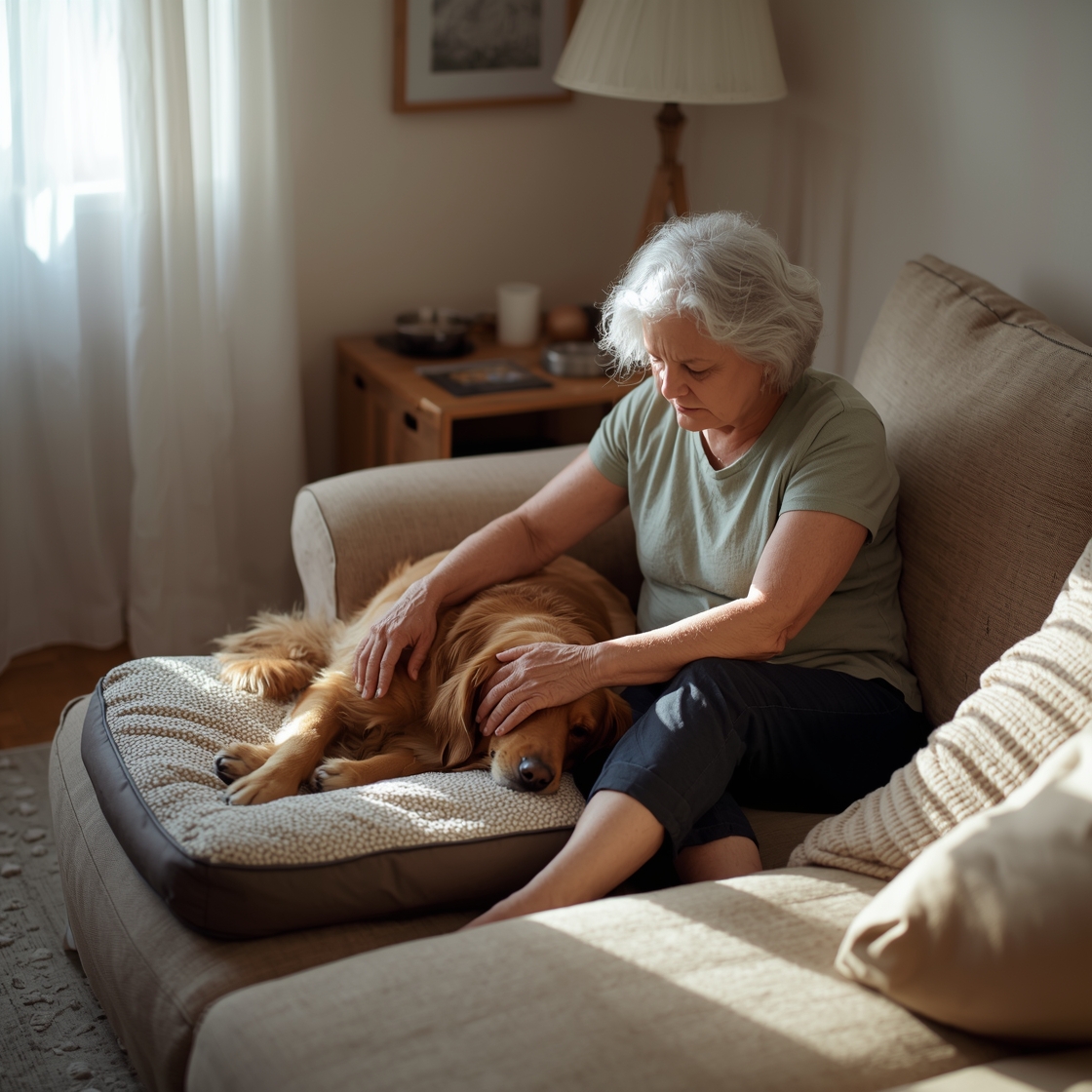 Senior woman with golden retriever on orthopedic dog bed