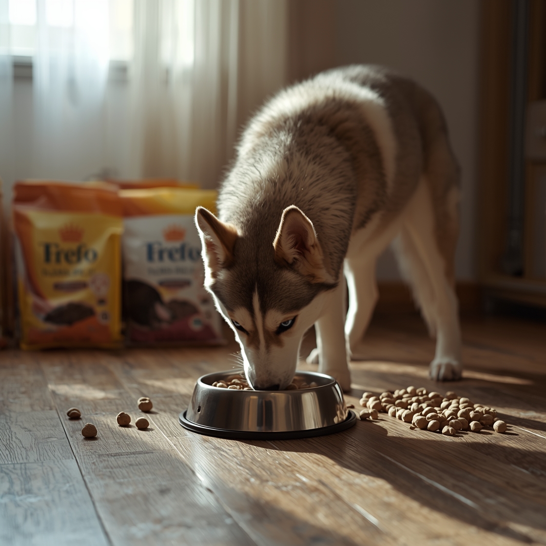 Siberian Husky eating high-quality dog food from a bowl