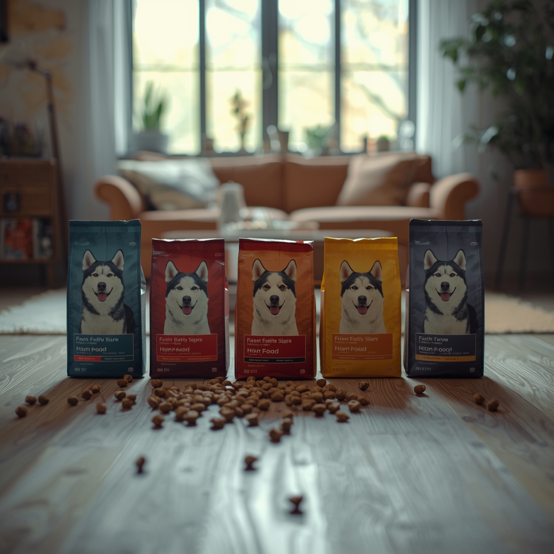 Assorted dog food bags for huskies on wooden floor