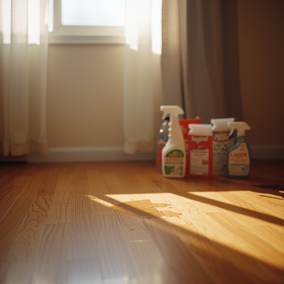 hardwood floor with pet stains and cleaning supplies