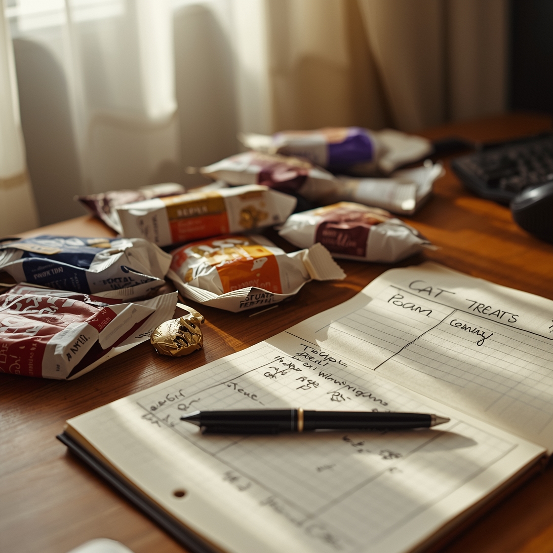 Cluttered home office desk with cat dental treats and notes