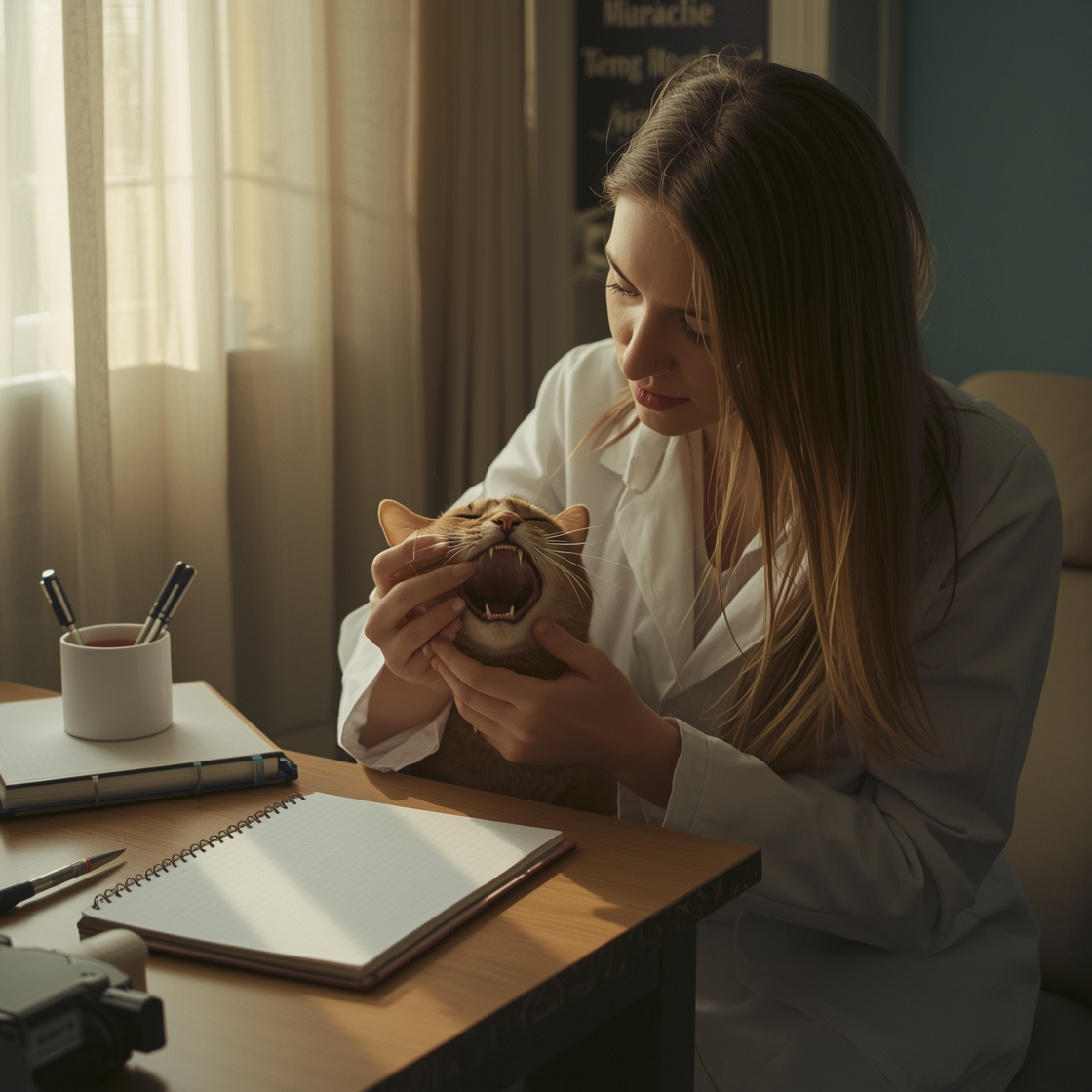 Veterinarian examining a cat's teeth in a quiet office setting