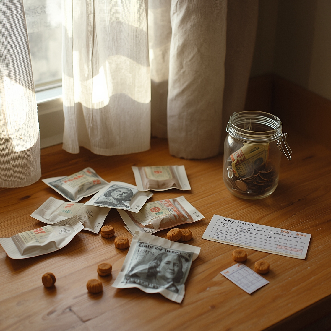 Assorted cat dental treats and money on a kitchen counter