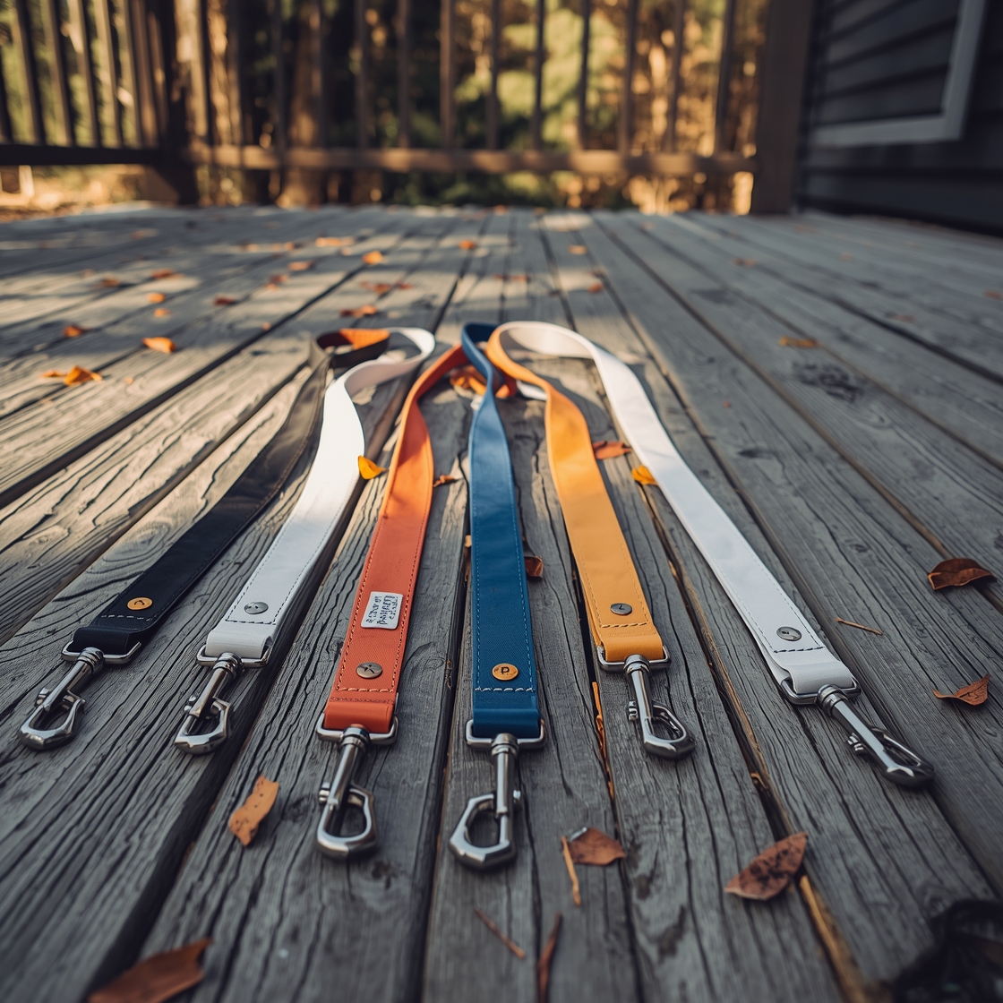 Hands-free dog leashes comparison on wooden deck